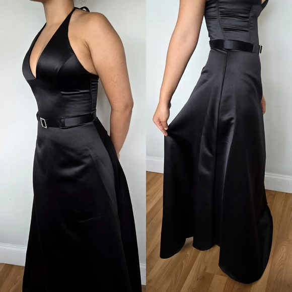 Scott McClintoch Vintage Black Tie Satin Gown‎ Rhinestone Buckle Belted Size 8 - Picture 4 of 15